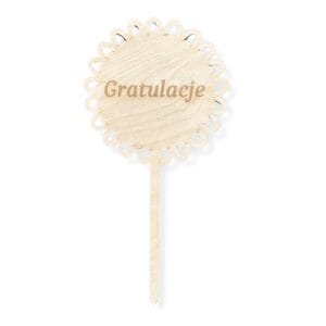 Drewniany topper na tort Gratulacje Słońce laserowo cięty o wymiarach 12,5 x 24,5 cm z ozdobnym grawerem.