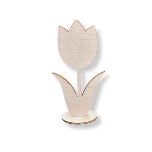 Tulipan stojący na podstawce baza DIY 15,8 cm z jasnego drewna, prezentujący całą ozdobę na białym tle.