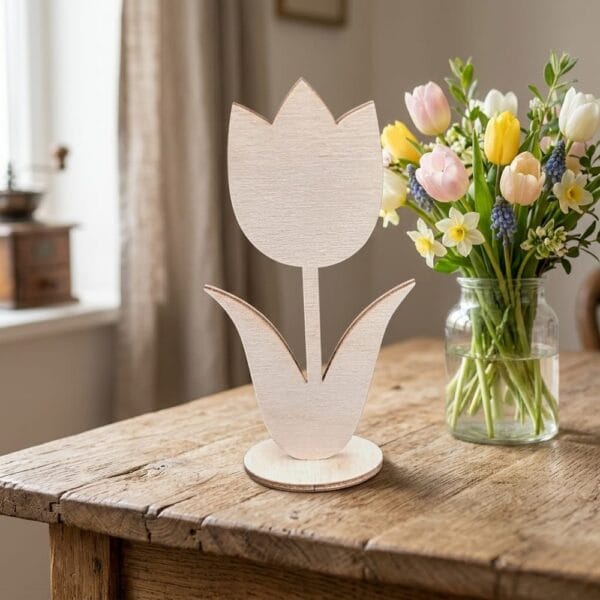 Tulipan stojący na podstawce baza DIY 15,8 cm stoi na drewnianym stole obok wazonu z kwiatami, prezentując skalę dekoracji.