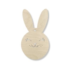 Drewniany Zając XL 28 cm Ozdoba Wielkanocna DIY ze Sklejki Drewniany Zając XL 28 cm Ozdoba Wielkanocna DIY ze sklejki z wygrawerowaną śmiejącą się twarzą i otworami na uszach.