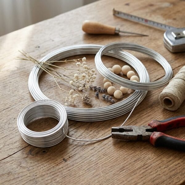 Drut Aluminiowy Florystyczny 1,5 mm Srebrny 5 m do Rękodzieła DIY - zdjęcie 2 Zestaw do rękodzieła z drutu aluminiowego florystycznego 1,5 mm w kolorze srebrnym, ułożonego w kręgi na drewnianym stole.