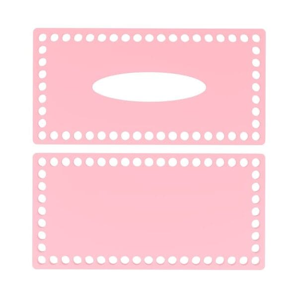 Dwa różowe elementy chustecznika DIY z płyty HDF o wymiarach 26x13 cm, z wyciętymi otworami i dziurkami do łączenia.