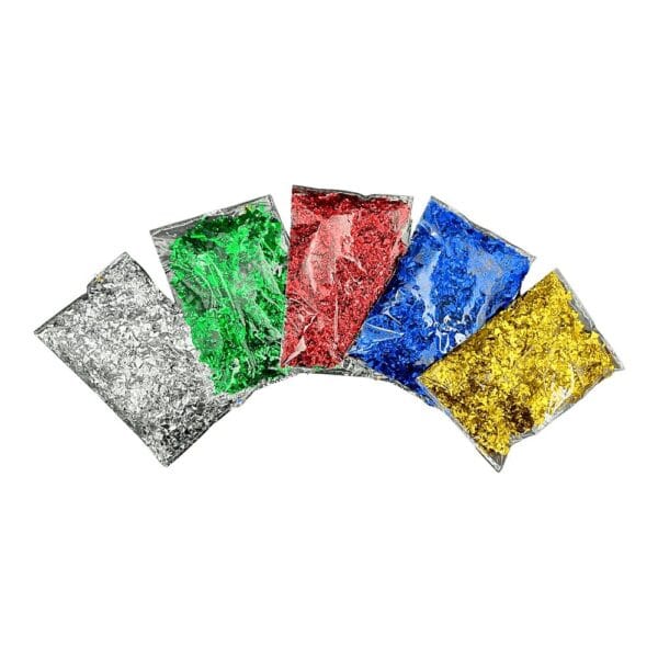 Folia Złotnicza w Płatkach Kolorowa (Złoto, Srebro, Zieleń, Czerwień, Błękit) 5 Kolorów, 40 g Zestaw pięciu kolorowych folii złotniczych w płatkach: srebrnej, zielonej, czerwonej, niebieskiej i złotej.