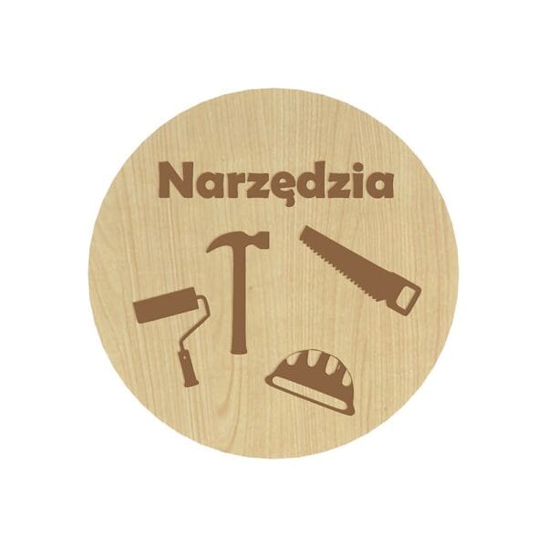 Okrągła grawerowana plakietka organizacyjna z HDF w kolorze klonu o średnicy 8 cm z napisem Narzędzia i piktogramami.
