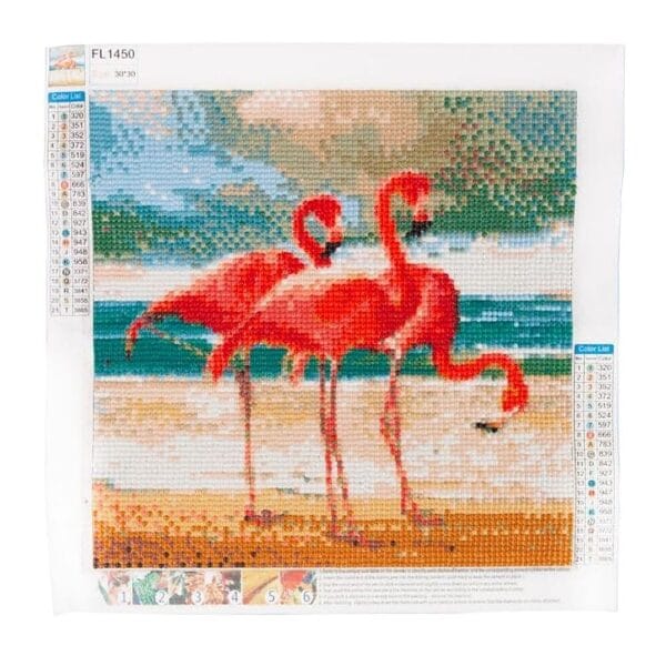 Haft Diamentowy 5D Flamingi Mozaika Obraz DIY 30 x 30 cm Haft diamentowy 5D flamingi mozaika obraz DIY 30x30 cm na płótnie z widocznym wzorem i legendą kolorów.