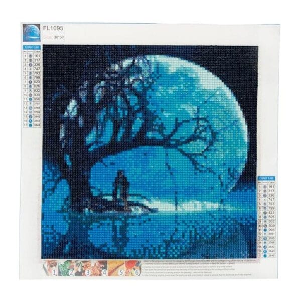 Haft Diamentowy 5D Księżyc 30 x 30 cm Kompletny Zestaw Mozaiki Haft diamentowy 5D Księżyc 30x30 cm - kompletny zestaw mozaiki z widocznym płótnem i legendą kolorów.
