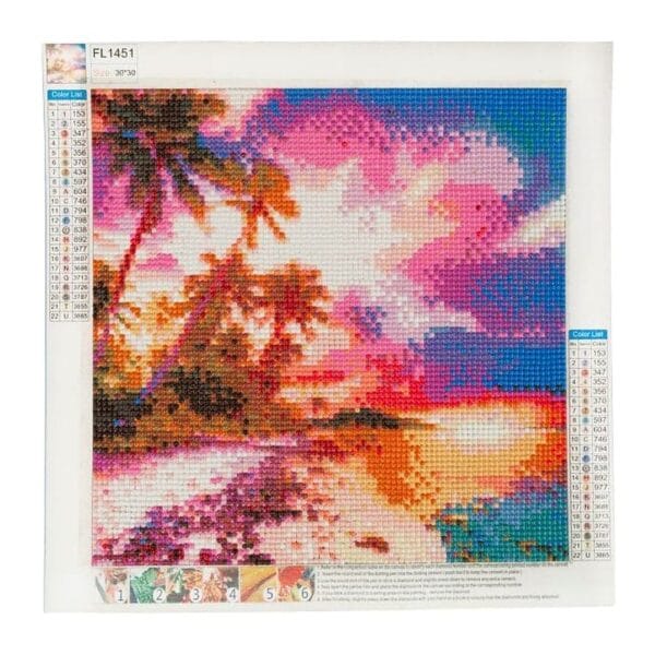 Haft Diamentowy 5D Obraz Mozaika Plaża 30 x 30 cm Kompletny Zestaw Kompletny zestaw haftu diamentowego 5D z motywem plaży w rozmiarze 30x30 cm na płótnie samoprzylepnym.
