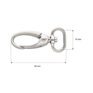 Karabińczyk krab metalowy nikiel matowy 15 mm z oznaczeniem wymiarów długości 45 mm i szerokości 15 mm.