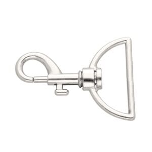 Karabińczyk Metalowy 38 mm Niklowany Uniwersalne Zapięcie Metalowy karabińczyk niklowany o szerokości 38 mm z obrotowym D-ringiem do uniwersalnych zapięć.