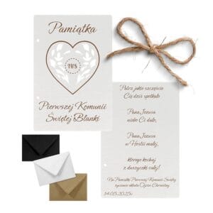 Personalizowana kartka książka na Pierwszą Komunię Świętą z białej płyty HDF 10,5 x 15,5 cm z kopertą.