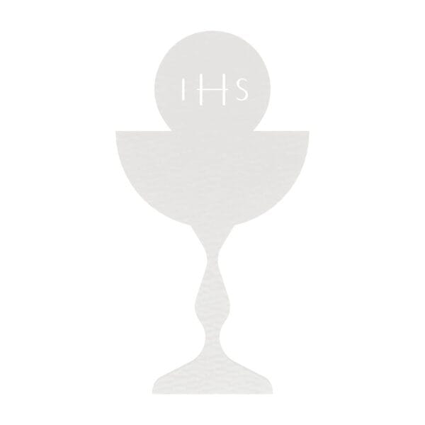 Kielich z Hostią IHS Ozdoba z Płyty HDF Biała 9,3 x 5 cm Biała ozdoba z płyty HDF Kielich z Hostią IHS o wymiarach 9,3 x 5 cm z precyzyjnie wyciętym laserowo motywem sakralnym.