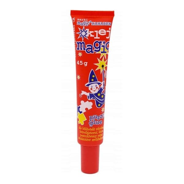 Klej Magic Plastik Uniwersalny Transparentny 45 g z Precyzyjnym Aplikatorem Czerwona tuba kleju Magic Plastik Uniwersalnego Transparentnego 45 g z precyzyjnym aplikatorem i grafiką czarodzieja.