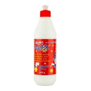 Klej Uniwersalny Magic 500 g Przezroczysty Elastyczny Biała butelka kleju uniwersalnego Magic 500 g z czerwoną etykietą i nakrętką z dozownikiem.