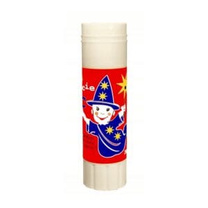 Klej w Sztyfcie Magic 20 g Bezpieczny Klej na Bazie Wody do Papieru Kartonu i Fotografii Klej w sztyfcie Magic 20 g z czerwoną etykietą przedstawiającą czarodzieja w niebieskim kapłuszu z gwiazdkami.