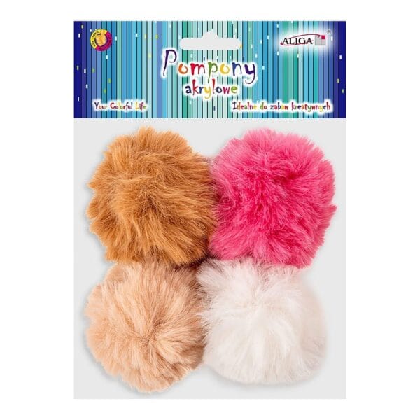 Kolorowy Pompon z Zawieszką 7 cm Zestaw 4 szt Zestaw 4 sztuk kolorowych pomponów z zawieszką o średnicy 7 cm w opakowaniu producenta.