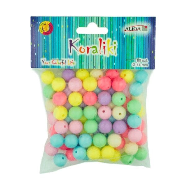 Fabryczne opakowanie zawierające koraliki kulki pastelowe 14 mm mix kolorów 80 szt w różnych odcieniach.