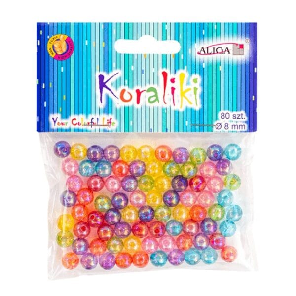Zestaw plastikowych koralików perłowych o średnicy 8 mm w mixie kolorów, spakowany w foliowe opakowanie po 80 sztuk.