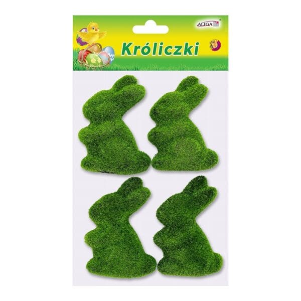 Króliczki Flokowane Dekoracyjne 8 cm Zestaw 4 szt Zestaw czterech flokowanych króliczków dekoracyjnych o wysokości 8 cm w kolorze zielonym na kartonowym blistrze.