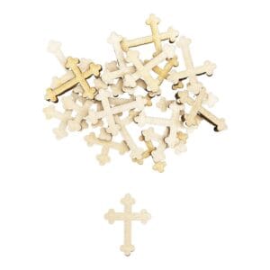 Zestaw krzyży drewnianych laserowo ciętych 2,2 x 3 cm w rozsypanej grupie z pojedynczym elementem u dołu.