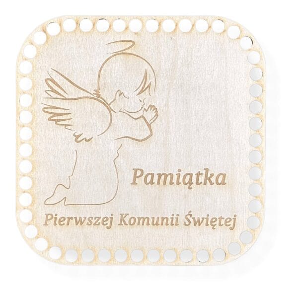 Kwadratowa baza ze sklejki 19,9 x 19,9 cm z grawerem anioła i napisem Pamiątka Pierwszej Komunii Świętej.