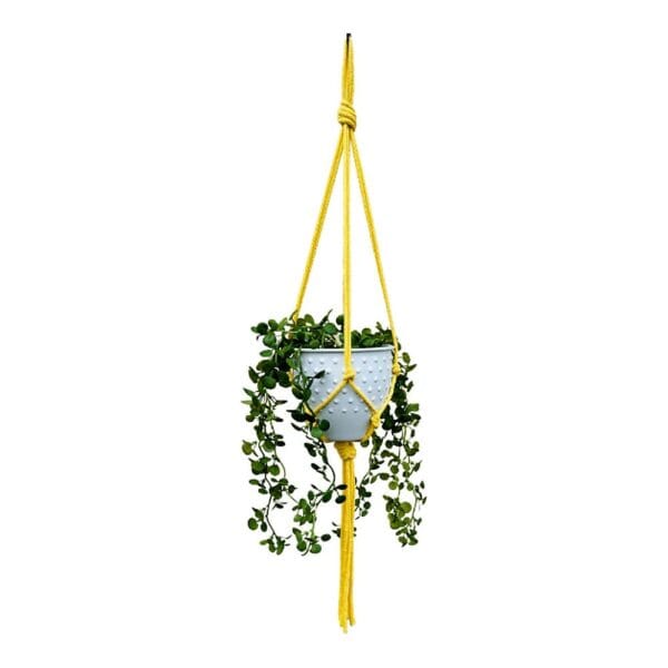 Kwietnik Makrama Boho Żółty Ręcznie Robiony 5 mm Bawełniany Żółty kwietnik makrama w stylu boho ze sznurka bawełnianego 5 mm z wiszącą doniczką z zieloną rośliną.