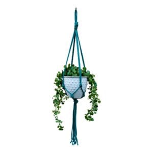 Kwietnik Makrama Turkusowy Boho Wiszący z Bawełnianego Sznurka 5 mm Turkusowy kwietnik makrama wiszący z bawełnianego sznurka 5 mm z zieloną rośliną w doniczce.