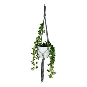 Kwietnik Makrama Wiszący Ciemnoszary Bawełniany 75 cm Kwietnik makrama wiszący ciemnoszary bawełniany 75 cm z zieloną rośliną w białej doniczce.