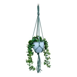 Kwietnik Makrama Wiszący Pistacja 75 cm Ręcznie Robiony ze Sznurka Bawełnianego Wiszący kwietnik makrama w kolorze pistacji z wiszącą rośliną doniczkową, wykonany ręcznie ze sznurka bawełnianego.
