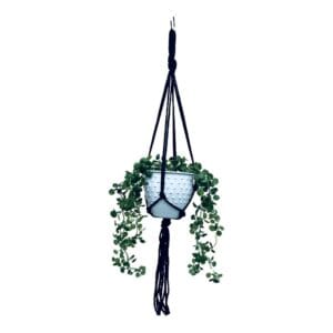 Kwietnik Wiszący Makrama Boho 75 cm Ręcznie Wykonany ze Sznurka Bawełnianego 5 mm Kwietnik wiszący makrama boho 75 cm z atramentowego sznurka bawełnianego prezentuje wiszącą w nim zieloną roślinę.