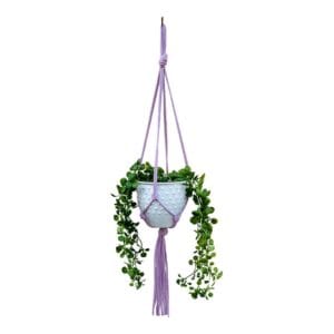 Kwietnik Wiszący Makrama Boho Brudny Róż 75 cm Rękodzieło Bawełniane Bawełniany kwietnik wiszący makrama w kolorze brudnego różu z zieloną rośliną w białej doniczce.