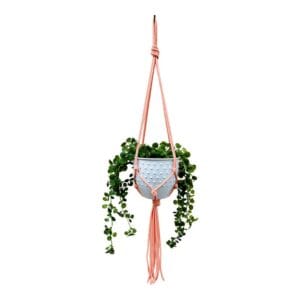 Kwietnik Wiszący Makrama Boho Łososiowy 75 cm Bawełna 5 mm Wiszący kwietnik makrama w łososiowym kolorze prezentuje białą doniczkę z rośliną zwisającą, ukazując całość dekoracji o długości 75 cm.