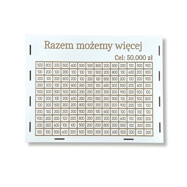 Skarbonka Gigant 154 Kafelki 50000 zł Razem Możemy Więcej z widocznym panelem frontowym zawierającym pola z kwotami i napis główny.