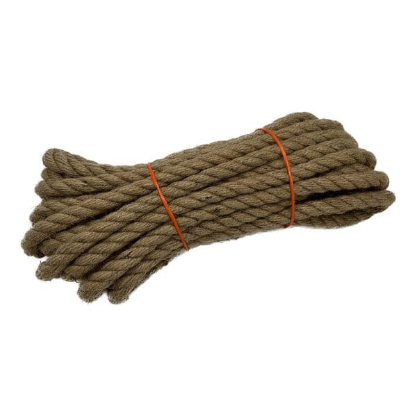 Mocna Lina Jutowa 16 mm 10 m Naturalny Sznurek Polipropylenowy Mocna lina jutowa 16 mm o długości 10 m związana w zwoje za pomocą dwóch pomarańczowych opasek.