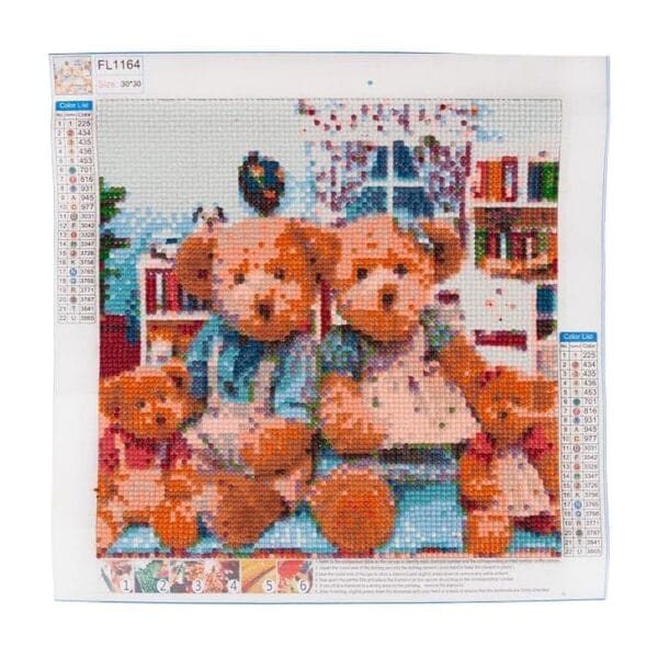 Mozaika diamentowa 5D z motywem misiów w rozmiarze 30x30 cm na samoprzylepnym płótnie z widoczną legendą kolorów i akcesoriami.