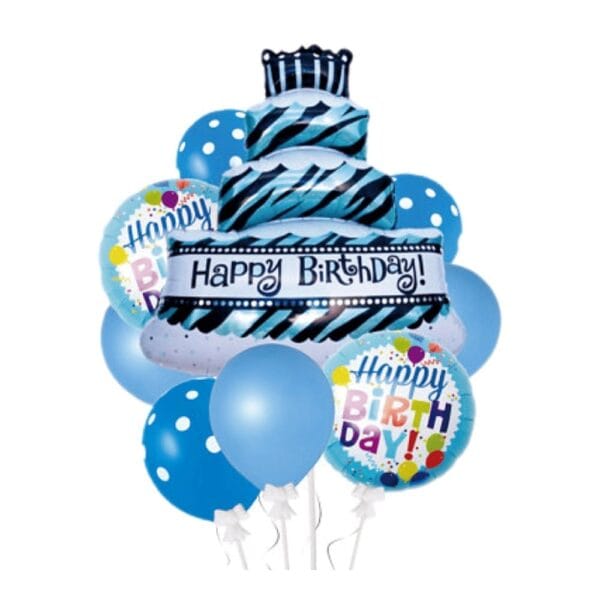 Niebieski Zestaw Balonów "Happy Birthday" z Balonem w Kształcie Tortu 9 szt Niebieski zestaw balonów Happy Birthday z balonem w kształcie tortu składający się z 9 sztuk.