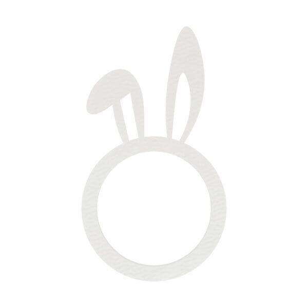 Biała obrączka na serwetki z uszkami zajączka o wysokości 11 cm wykonana z trwałej płyty HDF.