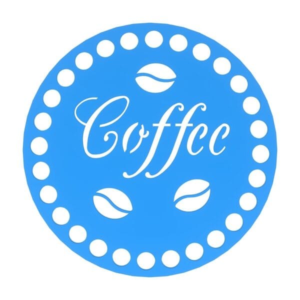 Niebieska okrągła baza dekoracyjna HDF z motywem kawy i napisem Coffee o średnicy 10 cm.