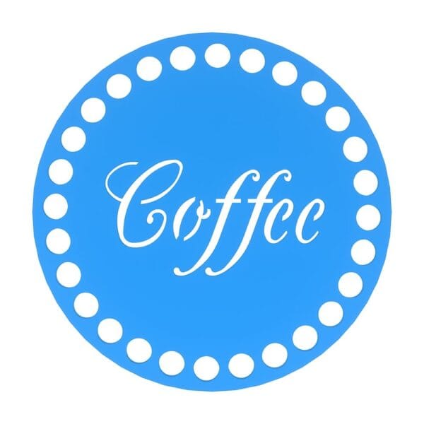 Okrągła dekoracja z płyty HDF o średnicy 10 cm w kolorze niebieskim z białym napisem Coffee i ramką z kropek.