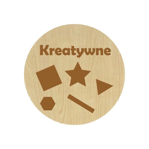 Okrągła plakietka HDF klon o średnicy 8 cm z grawerowanym napisem Kreatywne i piktogramem zabawek.
