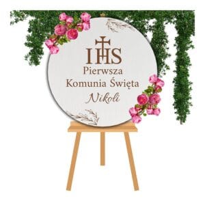 Biała okrągła tablica powitalna komunijna 57 cm z HDF na drewnianym sztalugowym stojaku.