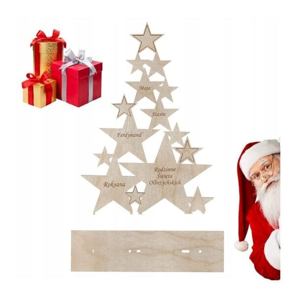Personalizowana Drewniana Choinka Dekoracyjna z Imionami Dekoracja Świąteczna Personalizowana drewniana choinka dekoracyjna z imionami członków rodziny wygrawerowanymi na elementach w kształcie gwiazd.