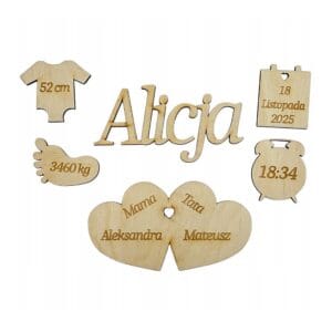 Personalizowana metryczka drewniana do decoupage zestaw elementów DIY ze sklejki brzozowej z imieniem Alicja i danymi urodzenia.