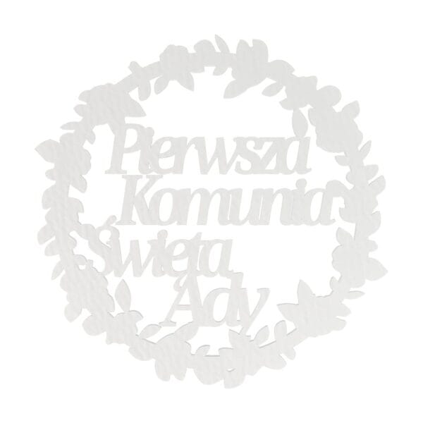 Personalizowana obręcz komunijna z białej płyty HDF 29 cm w kształcie wieńca z liści i napisem Pierwsza Komunia Święta Ady.