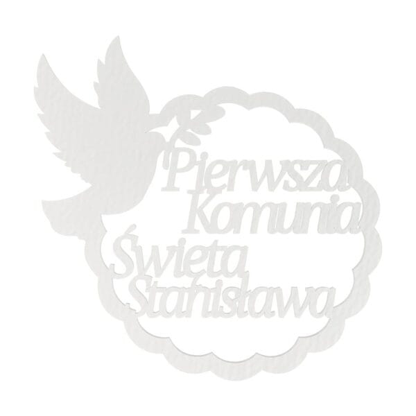 Personalizowana obręcz komunijna o średnicy 29 cm z białej płyty HDF z wyciętym napisem i motywem gołębia.