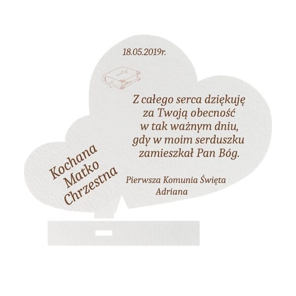 Personalizowane serduszko z białej płyty HDF z grawerowanym tekstem podziękowania dla matki chrzestnej na Komunię Świętą.