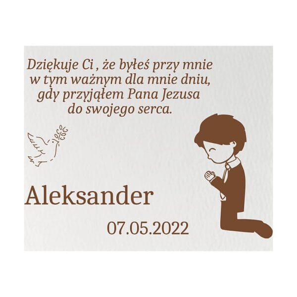 Personalizowany biały magnes HDF 9x7,5 cm z podziękowaniem dla gości na Komunię z imieniem Aleksander.