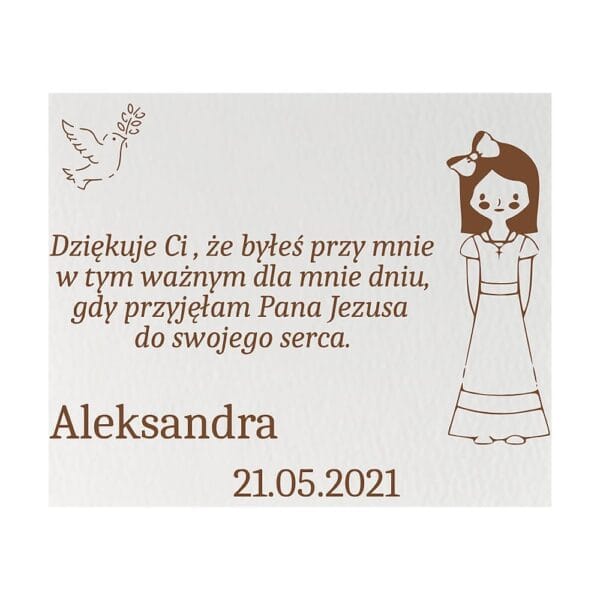 Personalizowany magnes z białej płyty HDF z nadrukiem podziękowania, imieniem Aleksandra i datą Pierwszej Komunii.