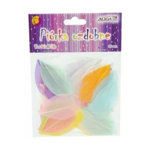 Opakowanie z zestawem 50 sztuk pastelowych piórek ozdobnych o długości 4-8 cm w miksie kolorów.