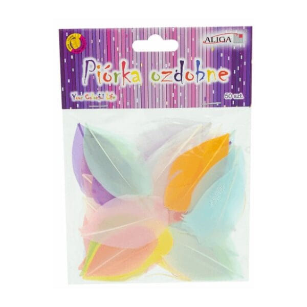 Piórka Ozdobne Pastelowe 4-8 cm Mix Kolorów Zestaw 50 szt Opakowanie z zestawem 50 sztuk pastelowych piórek ozdobnych o długości 4-8 cm w miksie kolorów.