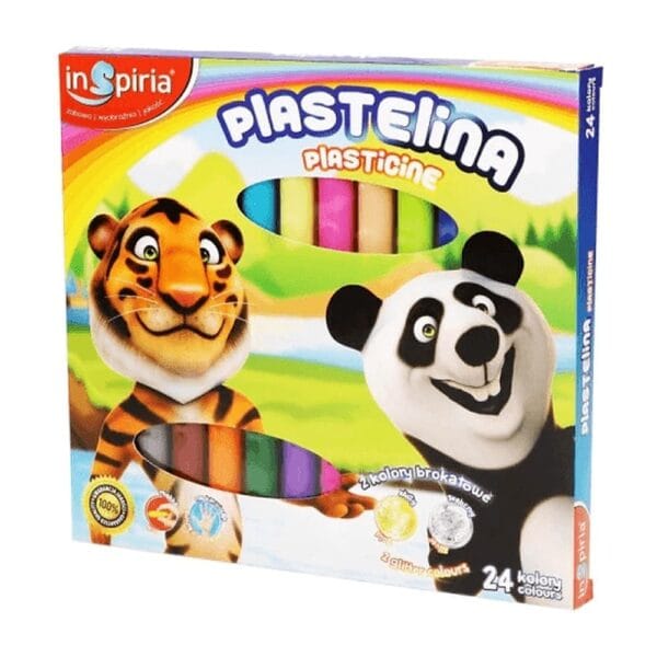 Plastelina Modelarska 24 Kolory z Brokatem Zestaw do Kreatywnej Zabawy Kolorowe pudełko plasteliny modelarskiej z grafiką tygrysa i pandy prezentuje zestaw 24 żywych kolorów z brokatem.